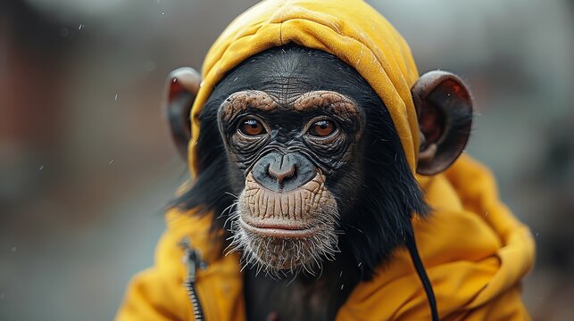   A tight shot of a monkey in a yellow jacket and hoodie, adorned with ear tags