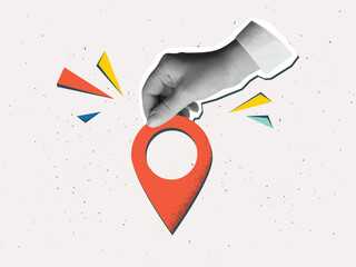 Black and white hand holds a red location pin. Destination sign in an arm in a modern collage style. Vector illustration - 775110672