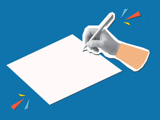 Black and white hand writes with a pen on an empty paper sheet. Vector illustration in a modern collage style - 775110684
