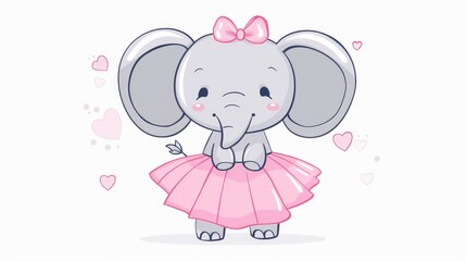   A pink-tutted elephant, adorned with a bow, stands before a pristine white backdrop