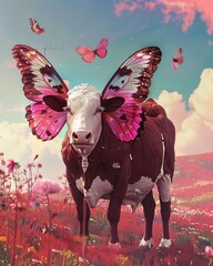 A cow with butterfly wings stands in the field, with a pink and red color scheme The art has a surreal digital style, with detailed portraits and backgrounds The piece features hyper realistic animal