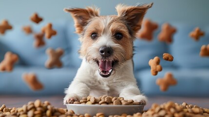   A brown-and-white dog eats from a bowl of dog food, surrounded by star-shaped biscuits - obrazy, fototapety, plakaty