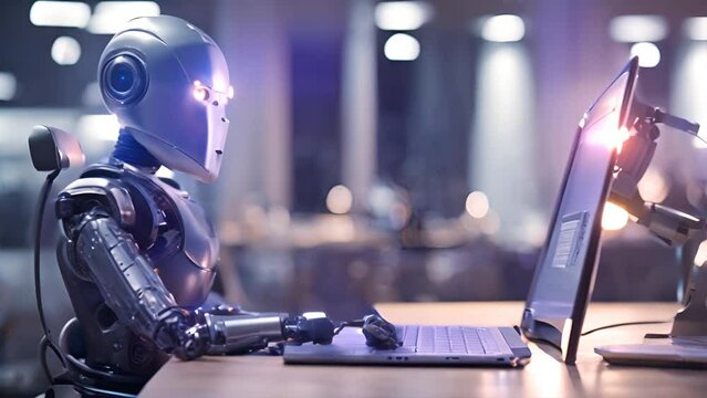 Chatbot robot typing on a laptop computer sitting at a desk. Artificial Intelligence in Human Life, Chatbot Service. Robot Sitting at Desk with Computer Working with Office, Automatization.
