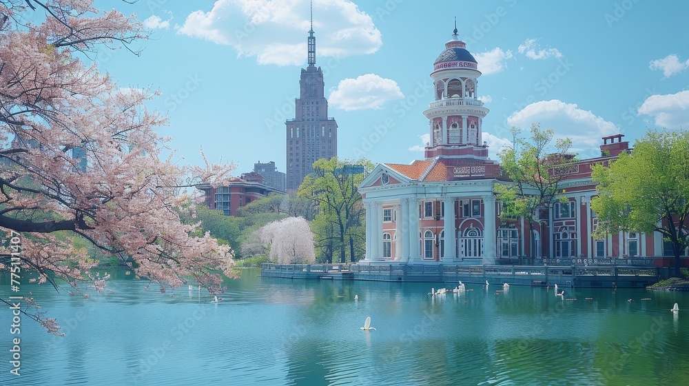 Poster a large building with a clock tower stands before a tranquil lake swans glide on its reflective surf