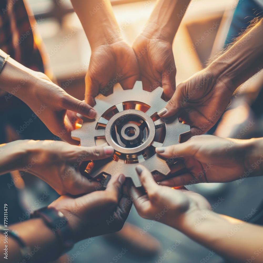 Poster teamwork together and combine pieces of gears. partnership and integration concept. generative ai