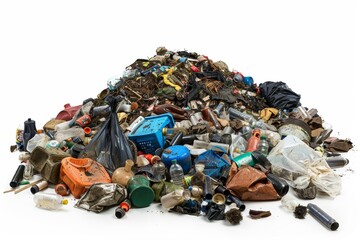 Large pile of mixed waste isolated on white background conveying environmental pollution - obrazy, fototapety, plakaty