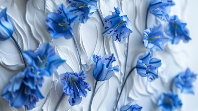   A white wall adorned with a pattern of blue flowers, some of which are real blooms