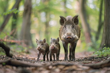 Deep in the forest, amidst the tranquil embrace of nature, a wild boar family ventures forth with their adorable baby.