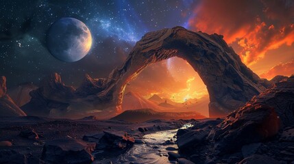 A fantasy landscape with an arch made of rock, a river flowing under the rocks and a sky illuminated by moonlight The colors are warm orange tones with dark blue accents In the background