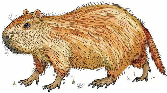   A capybara drawing in grass, head turned, appearing to emerge from water