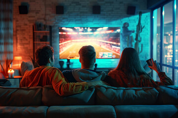 back side group of friends sit on the sofa watching big screen TV and cheering sports team in the living room at night time. entertainment activity at home concept