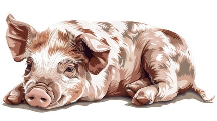   A brown-and-white pig rests atop a white floor, near a black-and-white image of a similar pig - obrazy, fototapety, plakaty