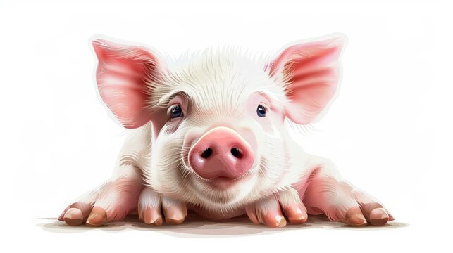   Close-up of a pig's face against white backdrop, featuring pink ear and snout