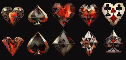 Vibrant playing card symbols seamlessly merged in radiant diamonds. Perfect for elegant spaces.