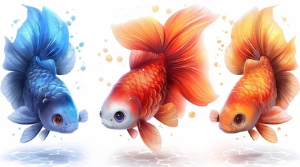Fotobehang   Two goldfish adjacent on water's edge before white backdrop © Nadia