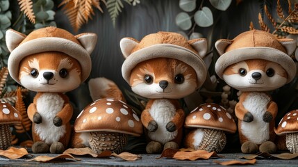   A collection of plush animals arranged beside one another atop a forest floor, blanketed in fallen leaves and mushrooms