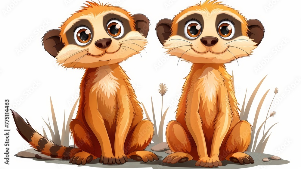 Poster two meerkats in grass on white background..or, for a more descriptive version:.. a pair of meerkats 
