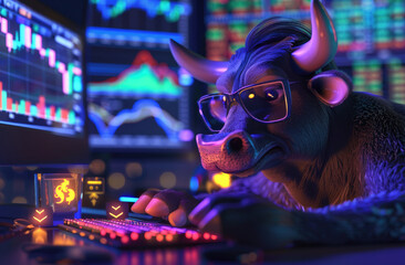 A cute cartoon bull wearing glasses is sitting at the computer, with colorful trading charts on its screen.