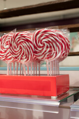 Handmade colorful lollipos sold at a candy store