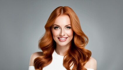 Fototapeta premium Graceful Red-haired Woman: Studio Shot with Grey Background and Space for Branding