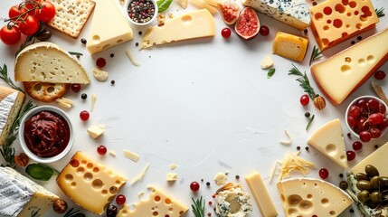 Frame with different types of cheese and empty space on a white background for text.