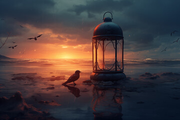 The tranquil scene combines a lighthouse and lifeguard tower with the twilight sky as a backdrop. There is a bird standing next to it. Overlooking the calm ocean - obrazy, fototapety, plakaty