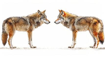   Two wolves posed side by side atop a snow-laden ground against a white backdrop