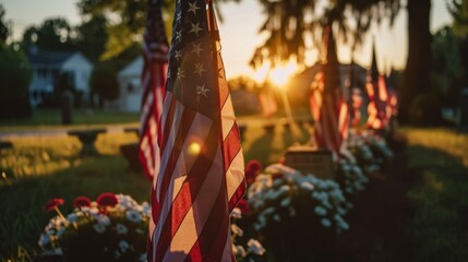 veterans cemetery with USA flags with the sun in the background in high resolution and high quality - obrazy, fototapety, plakaty