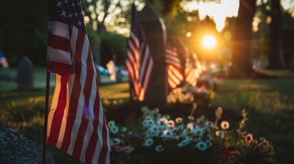veterans cemetery with USA flags - obrazy, fototapety, plakaty
