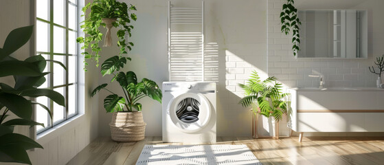 In a white laundry room, a modern washing machine stands as the centerpiece, surrounded by lush green plants that add a touch of freshness to the space.
