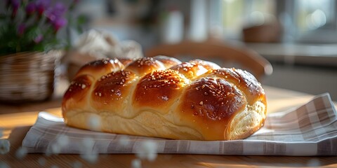 A Beautiful Brioche on a Linen Napkin with Warm Light Filtering Through Wooden Furniture. Concept Food Photography, Styling, Natural Lighting, Textures, Cozy Home Decor
