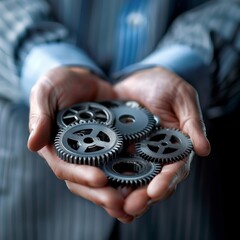 Businessman holds gears as cooperation and integration concept. Generative AI