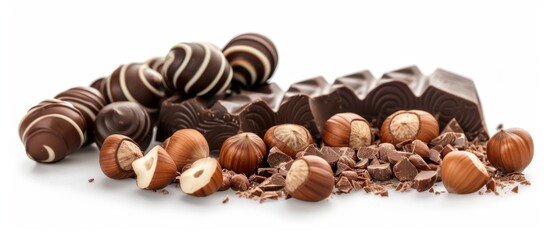 Pile of assorted chocolates and nuts on white surface