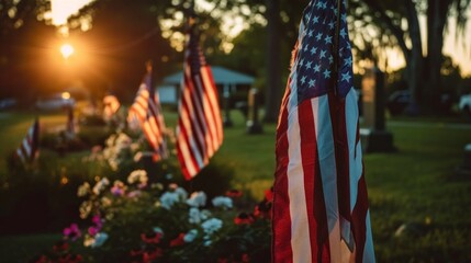 veterans cemetery with USA flags with the sun in the background in high resolution and high quality HD - obrazy, fototapety, plakaty