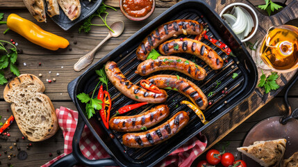 Rustic Grilled Sausages and Vegetables in Cast Iron Skillet on Wooden Table