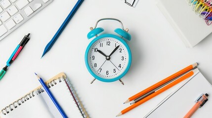 Clean and modern presentation of an alarm clock paired with school equipment on a pristine white background.