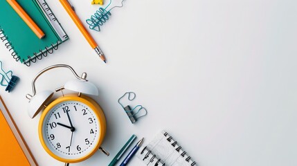 Clean and modern presentation of an alarm clock paired with school equipment on a pristine white background. - obrazy, fototapety, plakaty