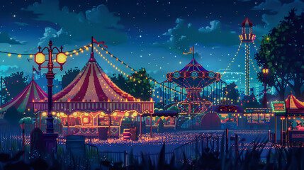 A pixelated carnival with bright lights and colorful tents - obrazy, fototapety, plakaty