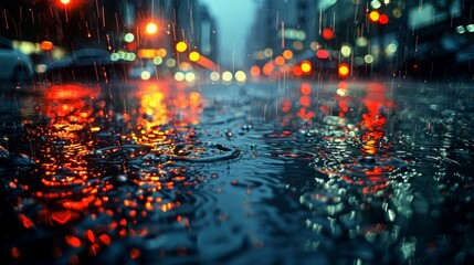   A city street teeming with heavy traffic intersects another, both deluged in rain - obrazy, fototapety, plakaty