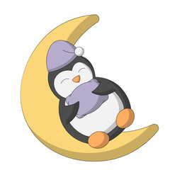 Cute cartoon sleep Penguin on the moon