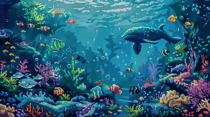 A whimsical underwater scene with pixelated sea creatures