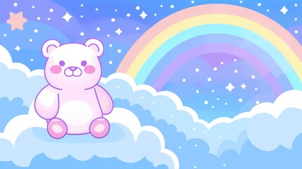   A pink  bear atop a cloud, rainbow appearing before the sky