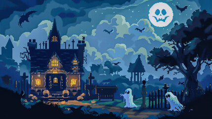 Spooky Pixel Art Haunted House Scene