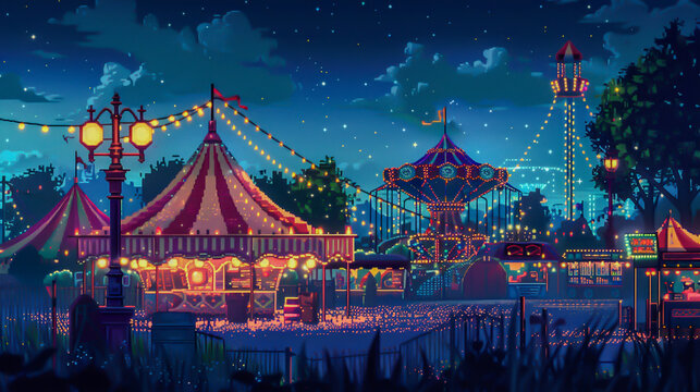 A pixelated carnival with bright lights and colorful tents