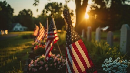Veterans cemetery with USA flags with the sun in the background in high resolution and high quality. cemetery concept - obrazy, fototapety, plakaty