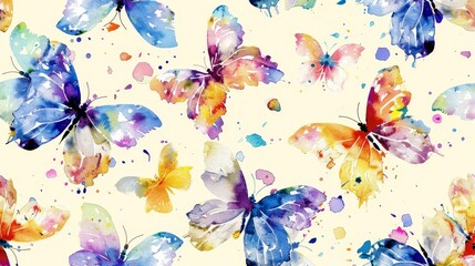  Multicolored butterflies against white backdrop; Blue, yellow, pink, purple hues