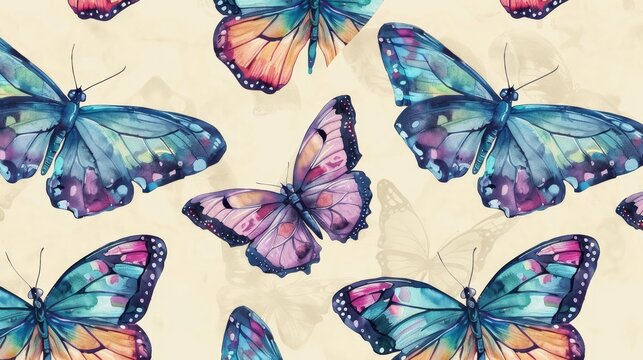   A group of vibrant butterflies flies against a white backdrop, their wings displaying shades of blue, pink, and orange
