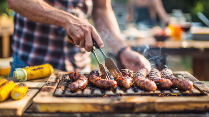 Backyard Feast: Man Slicing Grilled Steak on a Cutting Board at a Barbecue Party