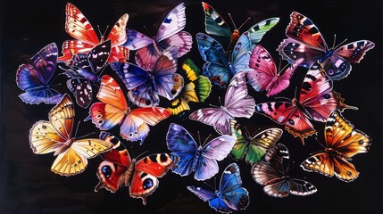   Multicolored butterflies stacked on a black paper
