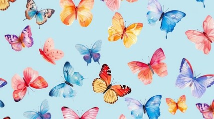   Colorful butterflies swarm the light blue sky against a backdrop of tranquil, blue overhead clouds